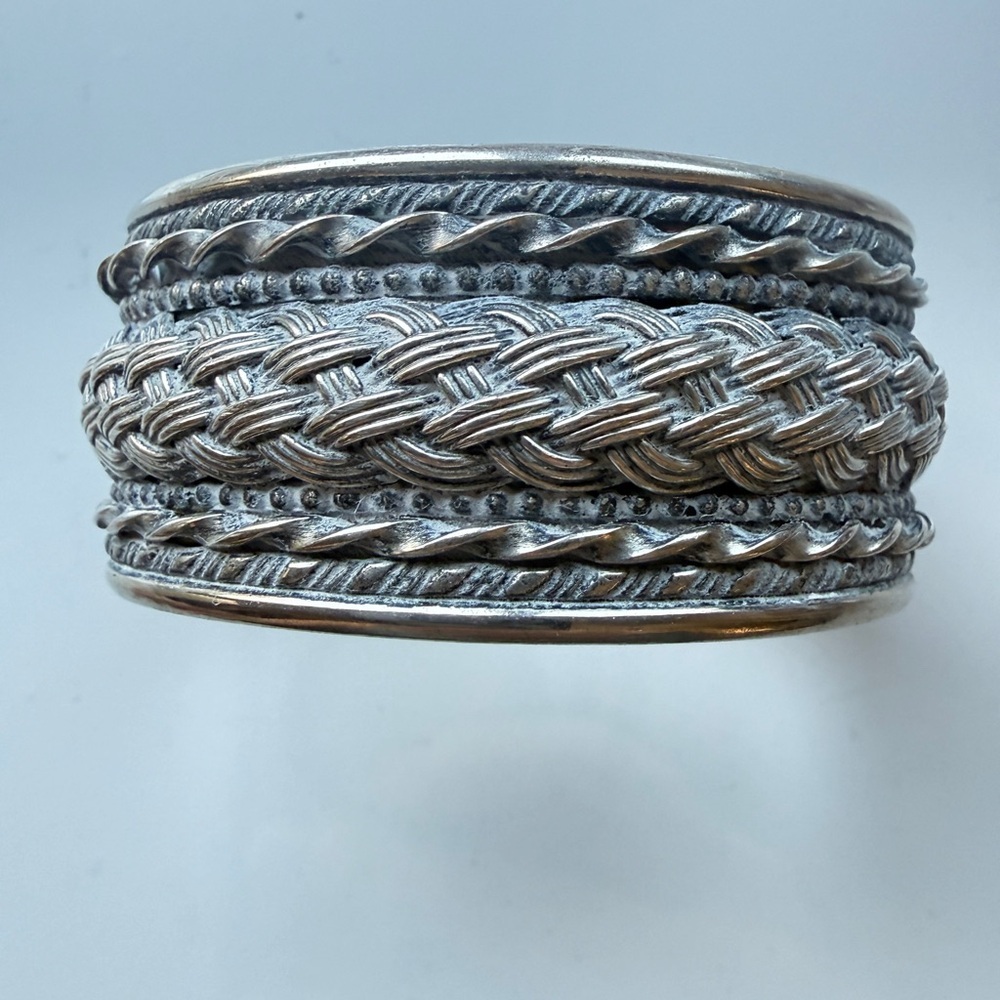 Braided Silvertone Wide Cuff Bracelet Tribal Ethnic Boho Statement Vintage Tibet - Picture 3 of 13